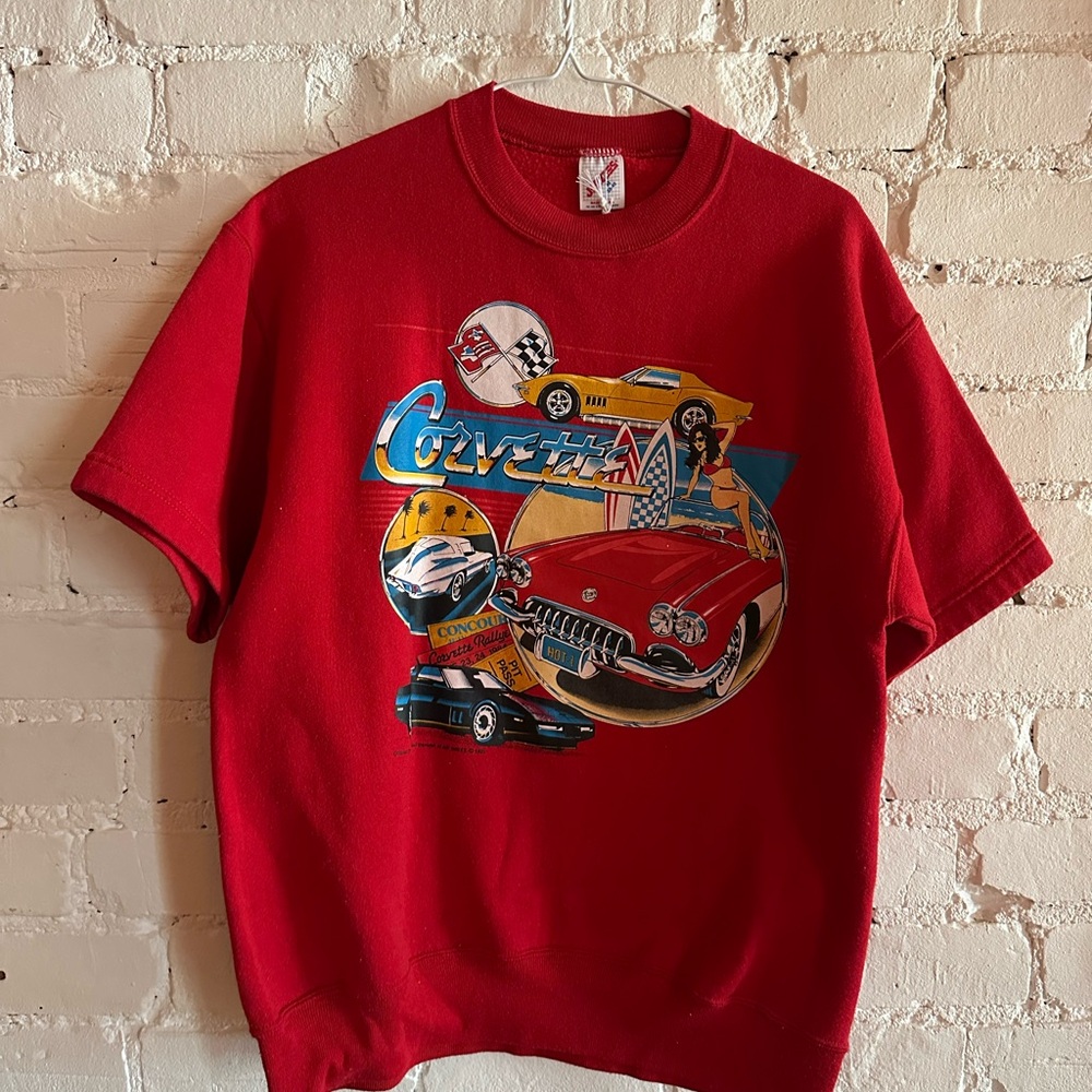 Jerzees Vintage Red Crewneck Sweatshirt with Corvette 80s 90s Made in USA